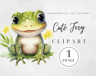 Watercolor Cute Frog Clipart, SINGLE IMAGE, Sublimation Frog Design, Card Making, Cute Baby Animals Clipart, Digital Download