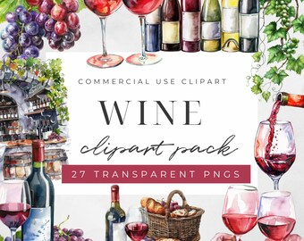 May include: Watercolor clipart pack of wine bottles, glasses, grapes, and cheese. The pack includes 27 transparent PNG files for commercial use.