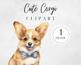 May include: A watercolor illustration of a cute corgi puppy wearing a blue and white striped bow tie. The puppy is sitting with its front paws crossed and looking at the viewer. The background is a light gray.