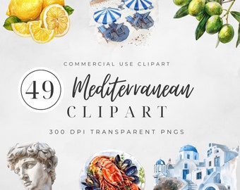 Mediterranean Watercolor Clipart, Summer Clipart, Lemon Clipart, Mediterranean Tile, Olives Clipart, Instant Download, Commercial License