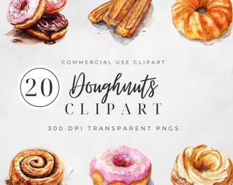 Watercolor Donuts Clipart, Pastry Clipart, Chocolate Donut, Sweet Bakery Food Clip Art, Bakery Clipart, Food Clipart, Commercial Use