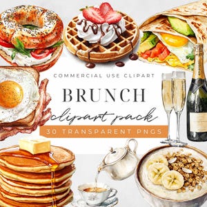 Pacchetto Clipart Brunch ad acquerello, Illustrazioni di cibo per brunch, Clipart ad acquerello di pancake e caffè, Clipart di mimosa, Grafica PNG
