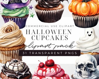 Watercolor Halloween Cupcakes, Halloween Clipart, Halloween Png, Halloween Treats, Cupcake Clipart, Halloween Decoration, Commercial Use