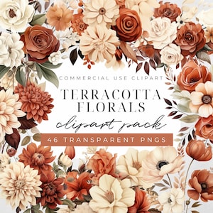 Paquete de imágenes prediseñadas de flores de terracota en acuarela, imágenes prediseñadas de otoño, imágenes prediseñadas de boda, imágenes prediseñadas de flores secas, flores de otoño en naranja y marrón