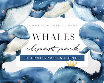 Watercolor Whale Clipart,  Whales Illustration, Nursery Decor, Watercolor Sea Animals, Baby Shower, Instant Download, Commercial Use