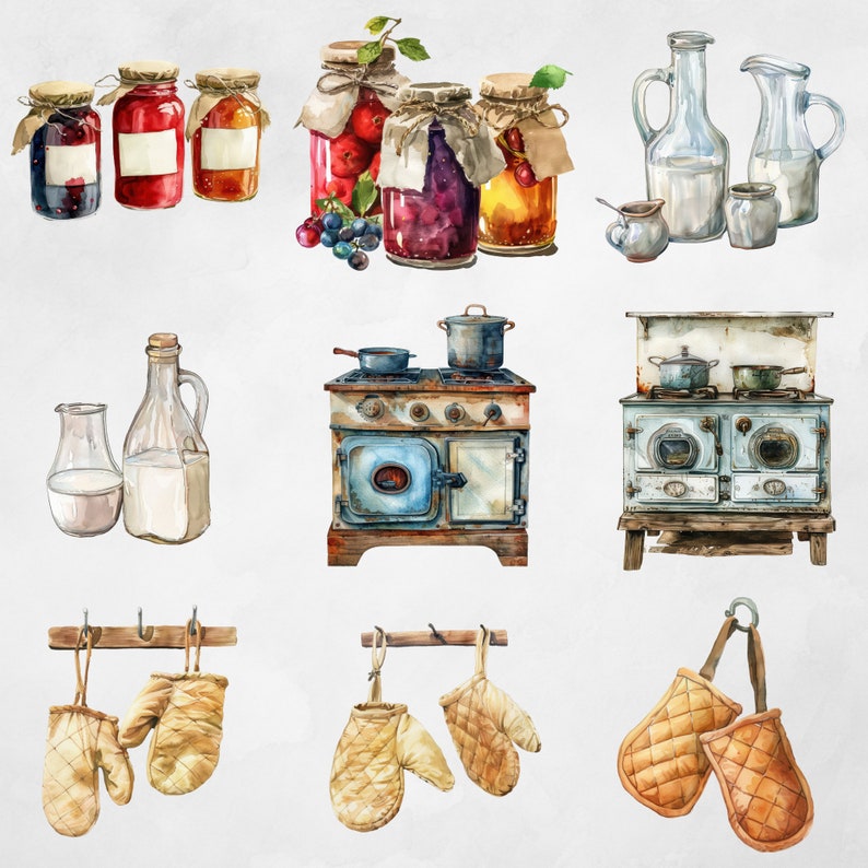 Akvarell lantkök Clipart, akvarell rustik matlagning Clipart bunt, rustik vintage stuga direkt nedladdning, kommersiellt bruk bild 5