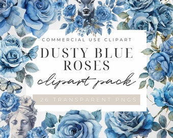 Aquarelle florale, clipart hiver, clipart floral bleu poussiéreux, clipart roses, clipart fleurs bleues, usage commercial, PNG transparents