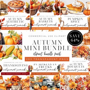 Watercolor Autumn Clipart Set - 203 Fall PNG Designs - Pumpkins, Leaves, Cozy Vibes - Save 64% - Great for Scrapbooking