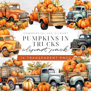 Watercolor Truck with Pumpkins Clipart, Truck With Pumpkins, Vintage Pickup Truck Png, Pumpkin Clipart, Fall Clipart, Farm Truck Clipart