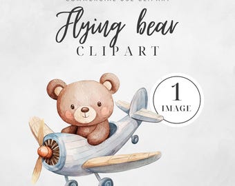Akvarell björn flygplan Clipart, EN BILD, söt pilot nallebjörn, barnrumsdekor, babyshowergrafik, barnrumsväggkonst