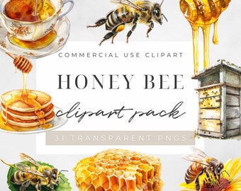 Imágenes prediseñadas de abeja de miel de acuarela, abeja de jardín de primavera, imágenes prediseñadas de abeja, imágenes prediseñadas de abeja, imágenes prediseñadas de verano, tarro de miel, descarga instantánea para uso comercial