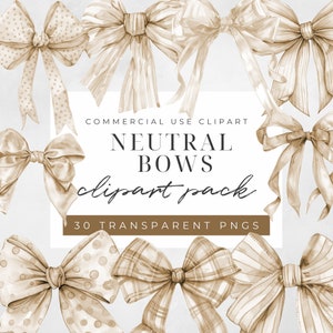 May include: A set of 30 neutral coloured bows in various styles and patterns. The bows are watercolour illustrations and are perfect for adding a touch of elegance to your designs.  COMMERCIAL USE CLIPART NEUTRAL BOWS clipart pack 30 TRANSPARENT PNGS