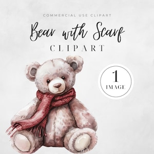 Aquarel teddybeer met sjaal clipart, ENKELE AFBEELDING, teddybeer sublimatie ontwerp, decor kinderkamer, schattige beer in geruite sjaal