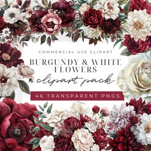 Aquarela Borgonha e clipart floral branco, clipart de moldura e buquê, bordas florais, clipart de casamento, clipart de flores, uso comercial