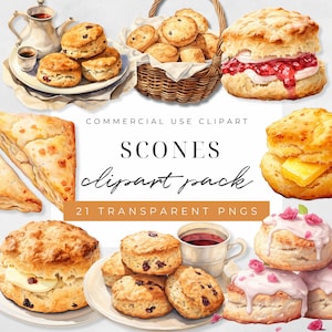 Clipart akwarelowy Scones, Clipart muffinów i Scones, Scones i śmietana, Clipart popołudniowej herbaty, Obraz PNG Scones, Clipart Scones