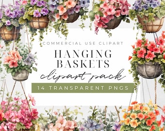 Watercolor Hanging Plants Clipart, Cute Flower Pots, Hanging Basket Clipart Bundle, Potted Plants and Hanging Plants,  Floral Clipart Bundle