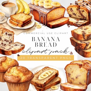 Imágenes prediseñadas de pan de plátano rústico con acuarela, imágenes prediseñadas de pan de plátano dulce, productos horneados caseros, imágenes prediseñadas de pan de plátano delicioso