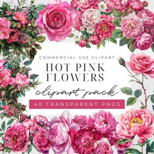 Aquarell Rosa Blumen Clipart, Hot Pink Clipart Blumen, Hochzeit Clipart, Pfingstrosen und Rose, kommerzielle Nutzung, Instant Download