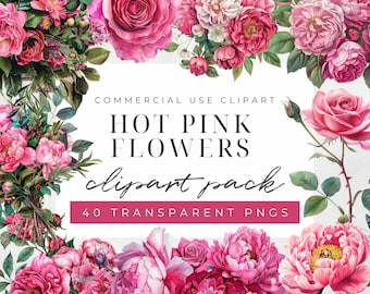 Watercolor Pink Floral Clipart,  Hot Pink Clipart Flowers, Wedding Clipart, Peonies and Rose, Commercial Use, Instant Download