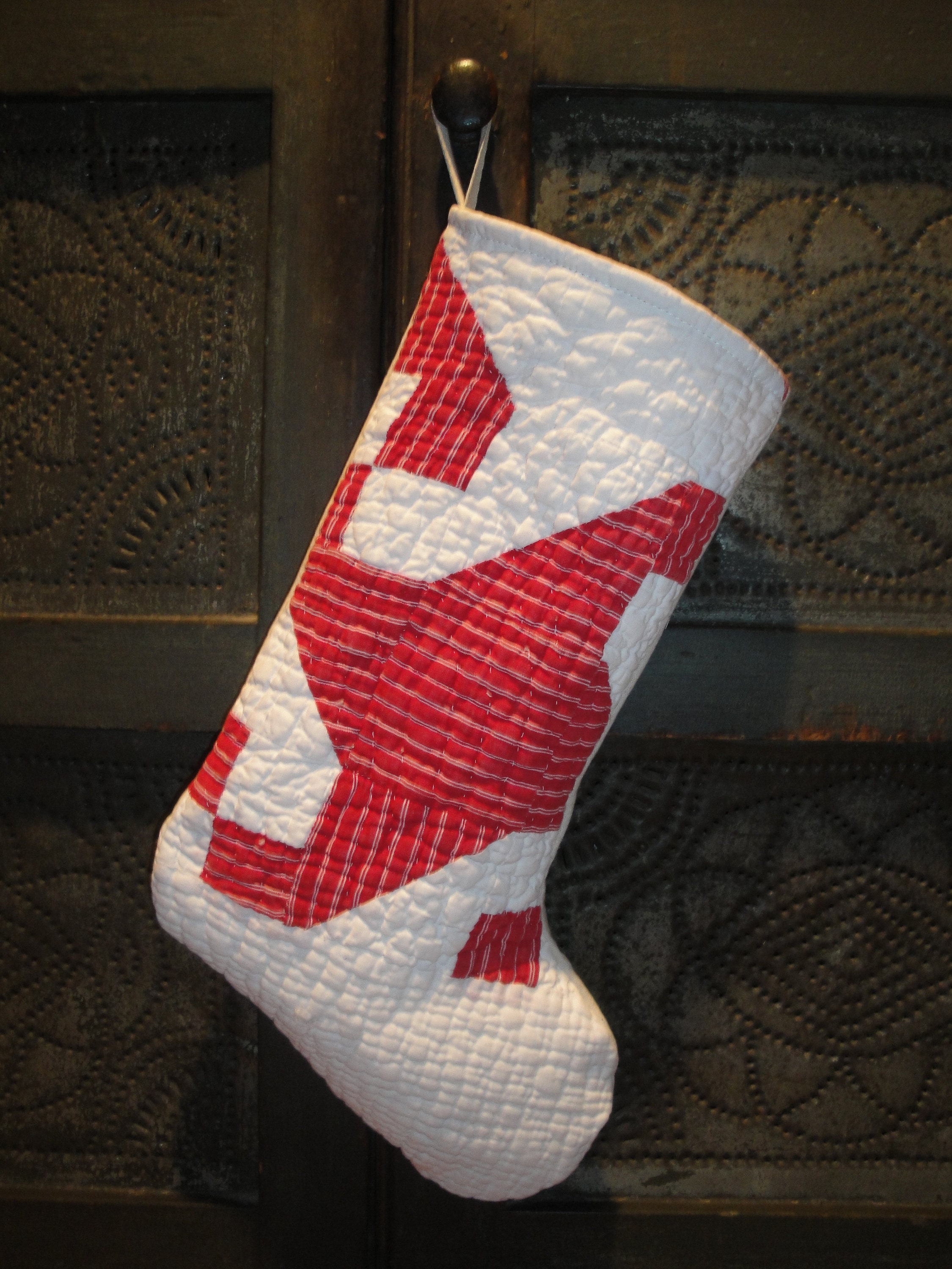 Farmhouse Country Cottage Cabin Christmas Repurposed Old Quilt Primitive Old Vintage Antique Red White Ticking Stripe Quilt Stocking