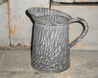 Old Antique Vintage Grey Granite Enamelware Small Measure Pitcher | Primitive Rustic Country Cabin Cottage Farmhouse Kitchen Decor