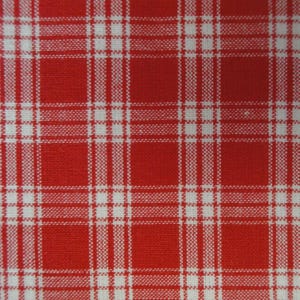 May include: Close-up of a red and white plaid fabric. The pattern consists of intersecting vertical and horizontal white lines against a red background, creating a grid-like design. The fabric appears to be woven.