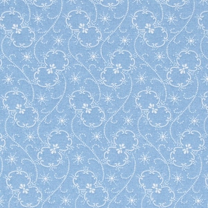 Classic Floral Reproduction Calico Light Blue Cotton Sewing Fabric Flower Swirl Sunburst Design | Primitive Old Antique Vintage Look Fabric