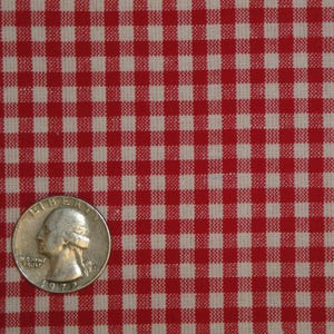 Pu&ograve; includere: Primo piano di tessuto a quadretti rossi e bianchi. Una moneta da un quarto di dollaro d'argento del 1972 &egrave; posta sul tessuto per la scala. Il tessuto presenta un classico motivo a quadretti, con quadrati rossi e bianchi uniformemente distanziati.