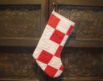 Vintage Antique Repurposed Aged Red White Old Quilt Christmas Stocking | Farmhouse Country Cottage Cabin Rustic Primitive Christmas