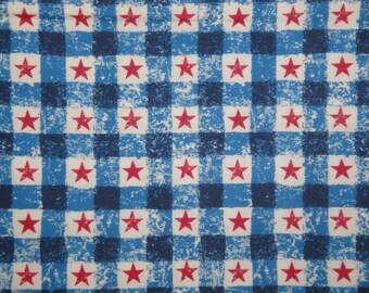 Americana Blue Plaid Red Star Combed Cotton Digital Print Fabric | Old Glory Primitive Rustic Star Plaid Fabric FAT QUARTER