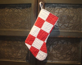 Vintage Antique Repurposed Aged Red White Old Quilt Christmas Stocking | Farmhouse Country Cottage Cabin Rustic Primitive Christmas