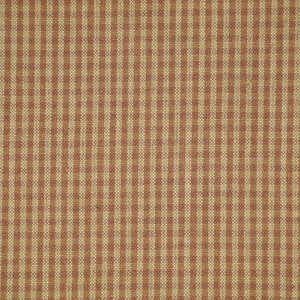 May include: Close-up of a fabric with a repeating pattern of vertical and horizontal stripes. The stripes alternate between a light beige and a reddish-brown color, creating a checkered effect. The fabric has a textured appearance.