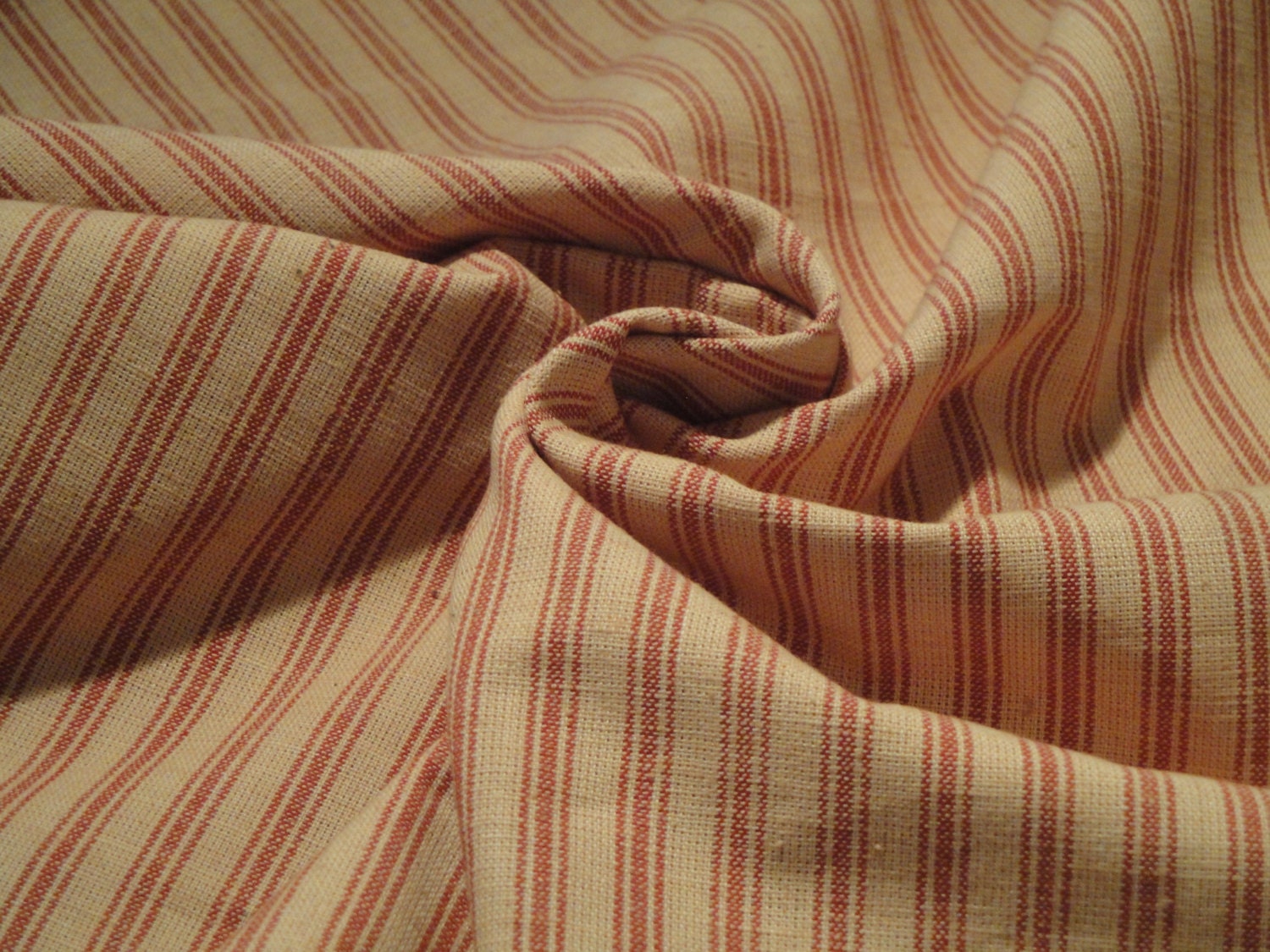 Red And Natural Tan Primitive Ticking Stripe Woven Cotton Homespun Sewing  Fabric