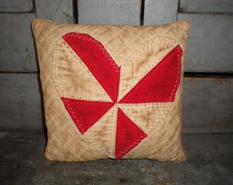 Primitive Aged Old Antique Vintage Red Pinwheel Heart Quilt Pillow Fabric Stuffed