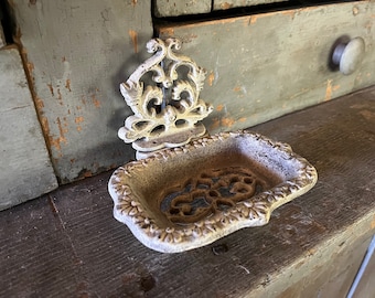 Hand Painted Cast Iron Primitive Rustic Farmhouse Cottage Kitchen Bathroom Sink Soap Dish | Soap Keeper | Business Card Holder | Change Dish