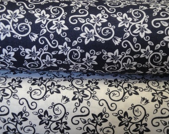 Florals Swirls Blue White Cotton Quilt Apparel Home Decor Fabric | Primitive Old Antique Vintage Look Calico Fabric EIGHTH YARD Bundle Of 2