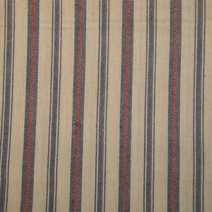 May include: Cream-coloured fabric with vertical stripes. Alternating stripes of navy blue and red run the length of the fabric. The fabric has a woven texture, and the stripes are evenly spaced.