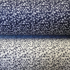 Floral Swirls Blue White Cotton Quilt Apparel Home Decor Sewing Fabric | Primitive Antique Vintage Look Calico Fabric HALF YARD Bundle