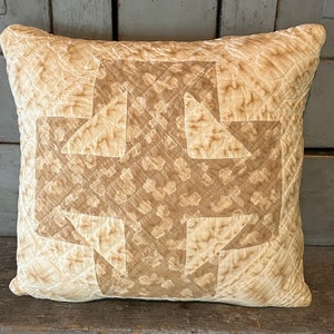 Primitive Antique Vintage Tan Calico Temperance Quilt Pillow | Tattered Worn Cutter Quilt | Farmhouse Cabin Cottage Rustic Country Pillow