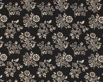 Remember When Civil War Reproduction Black Cotton Shirting Sewing Fabric With Cream Flower Design | Primitive Antique Vintage Look Fabric