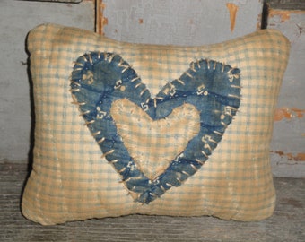 Old Vintage Antique Quilt Heart Small Pillow | Primitive Blue Calico Homespun Quilt Heart Cupboard Tuck Shelf Sitter Basket Bowl Filler