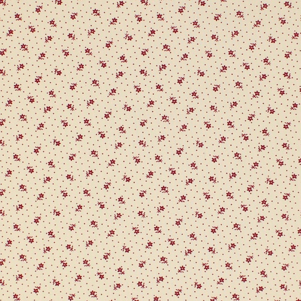 Remember When Civil War Reproduction Cream Shirting Fabric Red Flower Dot Design | Primitive Old Antique Vintage Look Fabric FAT QUARTER