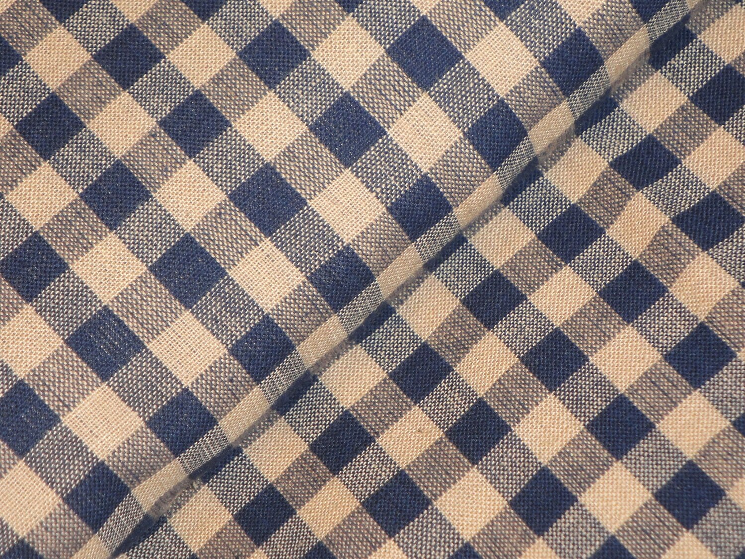 Quilt Home Decor Country Rustic Sewing Fabric REMNANT 27 x 44 Large Check Navy And Natural Tan Woven Cotton Primitive Homespun Fabric