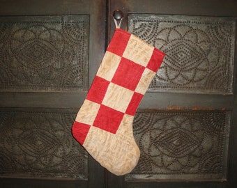 Aged Primitive Vintage Antique Repurposed Red White Old Quilt Christmas Stocking | Farmhouse Country Cottage Cabin Rustic Christmas