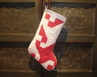 Primitive Old Vintage Antique Red White Ticking Stripe Quilt Stocking | Repurposed Old Quilt | Farmhouse Country Cottage Cabin Christmas