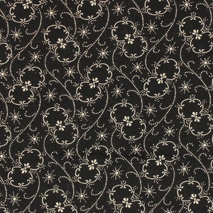 Classic Floral Reproduction Calico Black Cotton  Fabric Flower Swirl Sunburst Design | Primitive Old Antique Vintage Look Fabric FAT QUARTER