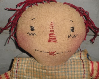 Primitive Handmade Aged Rustic Worn Raggedy Ann Cloth Doll Red Ticking Dress Antique Quilt Collar Holding Vintage Blue Calico Quilt Heart