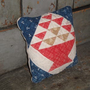 Tattered Antique Vintage Flower Basket Quilt Pillow | Small Primitive Worn Old Quilt Repurposed Quilt Pillow Shelf Sitter Basket Bowl Filler