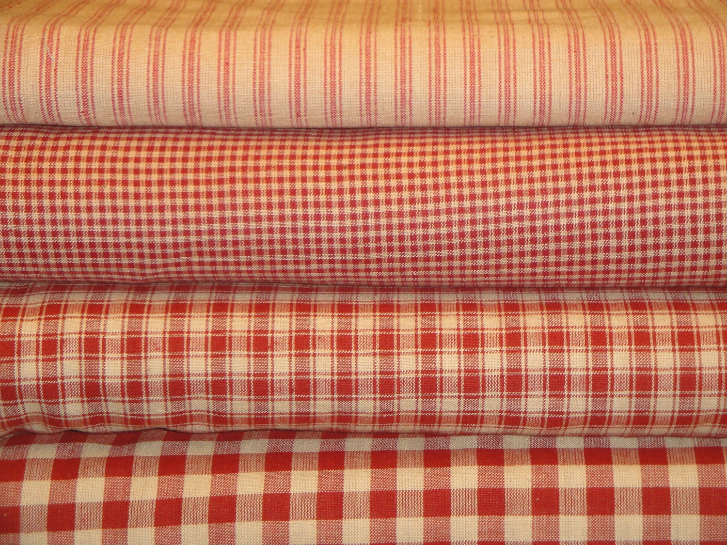 Red and Natural Tan Small Check Fabric Primitive Red Check