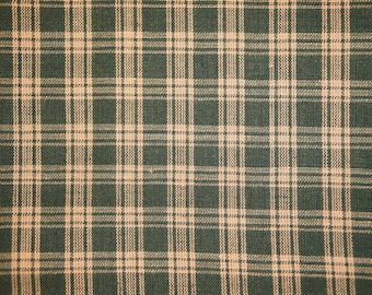 Green Tan Woven Basic Plaid Homespun Fabric | Primitive Rustic Country Farmhouse Christmas Holiday Plaid Fabric WRINKLED REMNANT 9 x 44